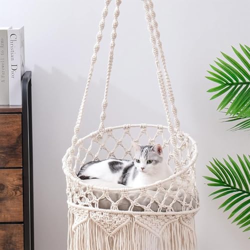 GaNkas Hängendes Katzenbett aus Makramee, hängendes Katzenbett, Hängematte, Katzenschaukel, Boho-Katzenschaukelbett for Schlafen, Spielen, Klettern und Faulenzen von GaNkas