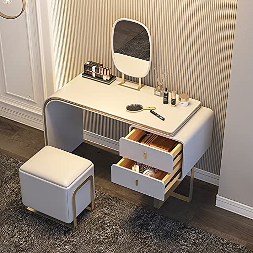 GaRcan Schminktisch-Set mit rundem Spiegel, Schminktisch mit 2 ausziehbaren Schubladen und 1 Hocker, moderner minimalistischer Stil, für Schlafzimmer, Badezimmer (weiß 100 x 48 x 73 cm) ( von GaRcan
