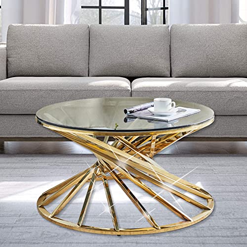 Runder Goldener Teetisch mit schwarzgrauer Platte aus gehärtetem Glas – atemberaubende Chrom-Edelstahlbeine, großer runder Couchtisch für Zuhause und Wohnzimmer (Gold) (Gold) von GaRcan
