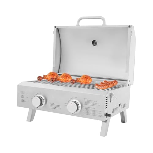Edelstahl-Gasgrill Tischgrill Große Kochfläche 2 Brenner Tragbares Design Camping Gasgrill Piezoelektrischem Zündsystem Faltender Grill für Jeden Außenbereich Geeigne von Gaabungky