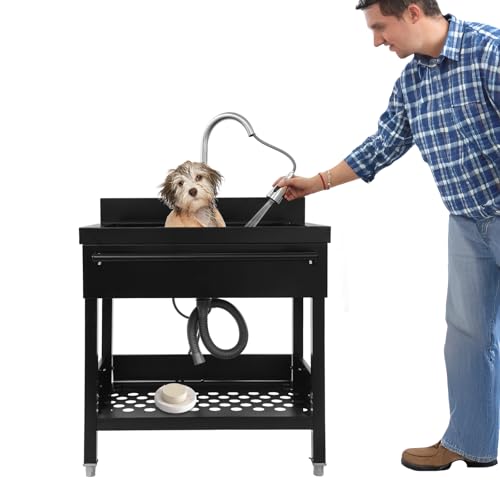 Freistehende Einzelbecken-Spüle 150KG Spülbecken mit Wasserhahn, Komplettpaket Multifunktions Waschtisch Praktischer Helfer Edelstahl Küchenspüle für Küchen, Cafés, Garagen, Gärten (schwarz) von Gaabungky