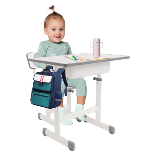 Gaabungky Schreibtisch Kinder 70 * 50cm 300KG Große Kapazität Solide Kinderschreibtisch Stuhl mit Haken, Höhenverstellbar Kinder Tisch Stuhl Set für Studium, Büro, Lesen, Schreiben (Cremeweiß) von Gaabungky