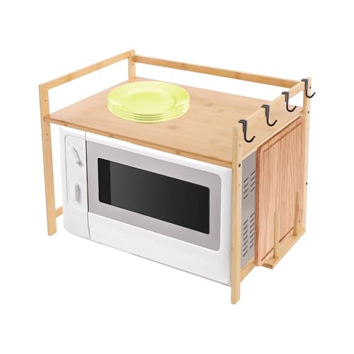 Gaabungky Verstellbares Mikrowellen Regal 55 * 35 * 42CM 10KG 2-Stufiges Erweiterbares Mikrowellen Regal mit 4 Haken, Stufiges Küchenregal für Mikrowellen, Küchenutensilien, Geschirr (Holzfarbe) von Gaabungky