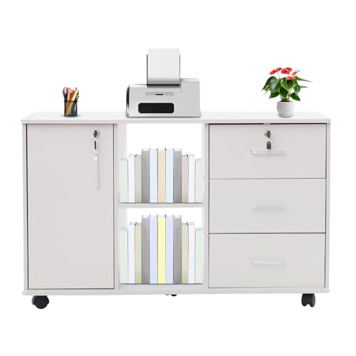Mobiler Aktenschrank Abschließbare 90 * 34 * 59CM Geräumiger Stauraum Rollcontainer Büroschrank mit 3 Schubladen und 5 Räder, Mobiler Aktenschrank für Büro, Arbeitszimmer, Schule (Weiß) von Gaabungky