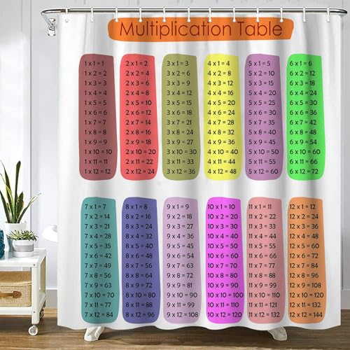 Gaakvrr Duschvorhang, Mathematik-Multiplikationstabelle 1-12, pädagogisch, wasserdicht, Badezimmervorhang-Set mit 12 Haken, für Kinderbadezimmer (180 x 180 cm) von Gaakvrr