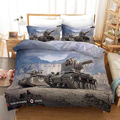 Gabapipa Panzer 3 Teilig Kinder Bettwäsche Set 135x200 cm Welt Der Panzer Bedrucktes Bettbezug Set für Teenager, Jungen, Mädchen, Kinder, Dekor Bettwäsche mit Reißverschluss, 135x200cm + 80x80cm*2 von Gabapipa