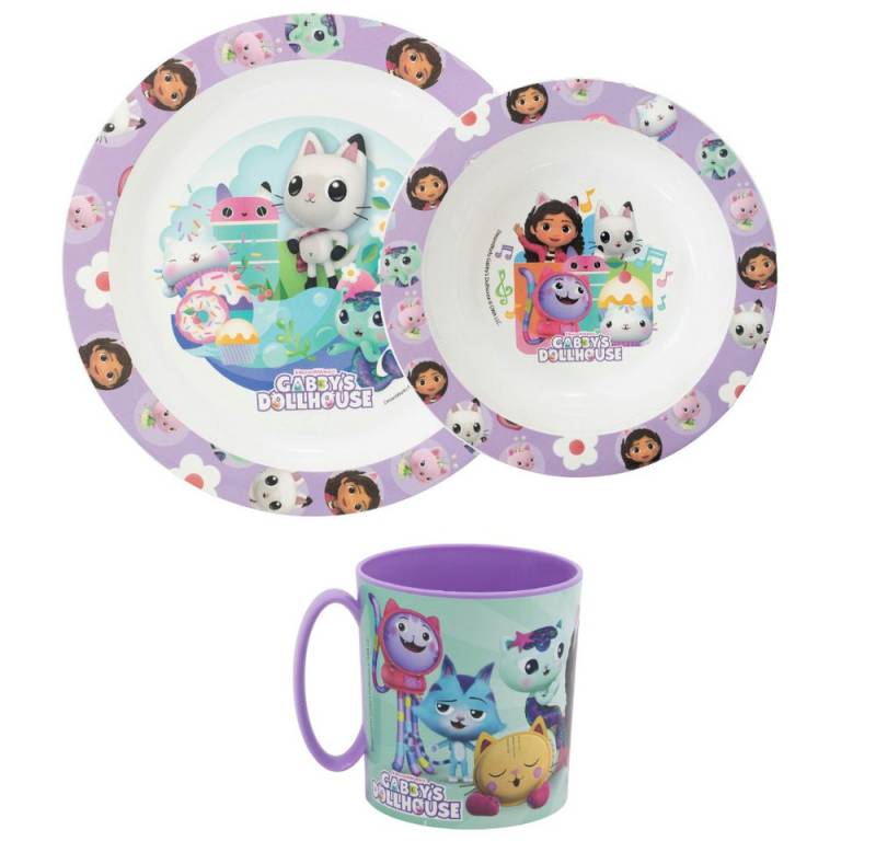 Gabby's Dollhouse Kindergeschirr-Set Gabbys Dollhouse Mädchen Kinder Geschirr-Set 3 tlg (3-tlg), 1 Personen, Kunststoff, Becher Teller Schüssel von Gabby's Dollhouse