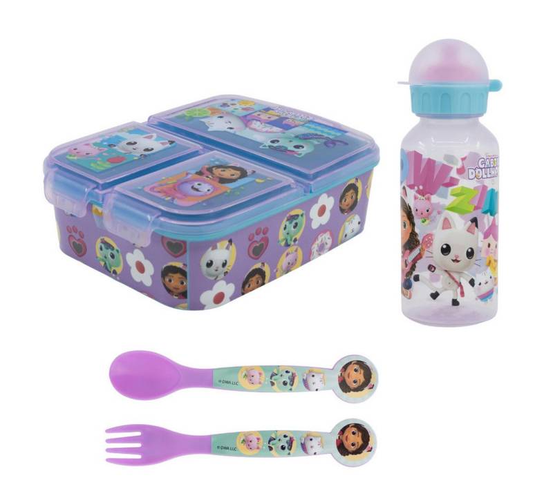 Gabby's Dollhouse Lunchbox Gabbys Dollhouse Kinder 4 tlg Set Brotdose 3 Kammern, Kunststoff, (4-tlg), Trinkflasche Besteck von Gabby's Dollhouse