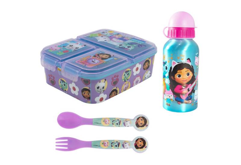 Gabby's Dollhouse Lunchbox Gabbys Dollhouse Kinder 4 tlg Set Brotdose Alu-Trinkflasche Besteck, (Spar-Set, 4-tlg., Spar-Set) von Gabby's Dollhouse