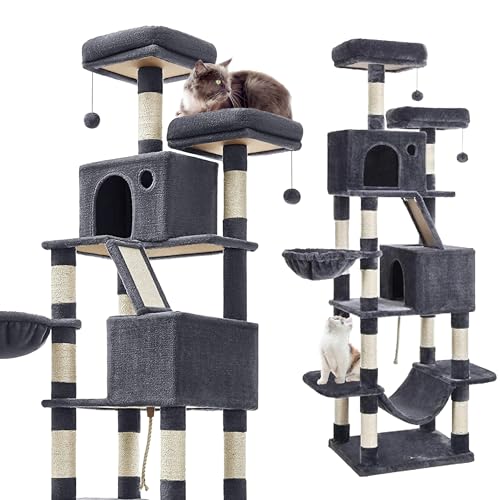 Gaczoo - Kratzbaum Groß - Katzenbaum - 60 x 50 x 206 cm - Katzenkratzbaum Hoch, Mehrstöckig, mit Höhlen, Liegeflächen & Kratzsäulen – Katzenturm für Spiel, Krallenpflege und Entspannung - Dunkelgrau von Gaczoo