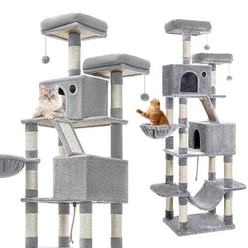 Gaczoo - Kratzbaum Groß - Katzenbaum - 60 x 50 x 206 cm - Katzenkratzbaum Hoch, Mehrstöckig, mit Höhlen, Liegeflächen & Kratzsäulen – Katzenturm für Spiel, Krallenpflege und Entspannung - Hellgrau von Gaczoo