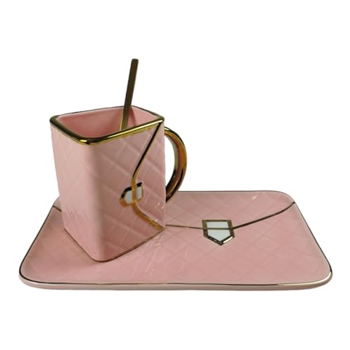 Gadget Master Shopping Bag Kaffeebecher Set Handtasche Tasse mit Löffel und Untertasse in Rosa, 300 ml, Keramik von Gadget Master