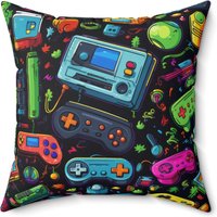 Retro Gaming Pattern Dekokissen - Doppelseitiger Arcade-Gamer-Druck Mit Verdecktem Reißverschluss, Luxuriöser Polyester-Bezug Und Kissen von Gadgetalicious