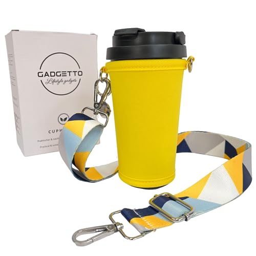 Gadgetto Cupholder Set 3-teilig Variante Gelb I Premium Thermobecher 500 ml I Umhängtasche Becherhalter I Umhängeband mit Muster I Gadget Geschenktipp Tracht Wiesn von Gadgetto