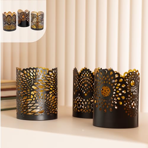 Gadgy Teelichthalter Schwarz Gold - Windlicht Esstisch Deko 3er Set - Teelichthalter Metall mit Spitzenmuster - Windlicht Metall Deko schwarz - Tischdeko Windlicht schwarz – 8,5 x 10,5 cm Gadgy Teelichthalter Schwarz Gold - Windlicht Esstisch Deko 3er Set - Teelichthalter Metall mit Spitzenmuster - Windlicht Metall Deko schwarz - Tischdeko Windlicht schwarz – 8,5 x 10,5 cm von Gadgy