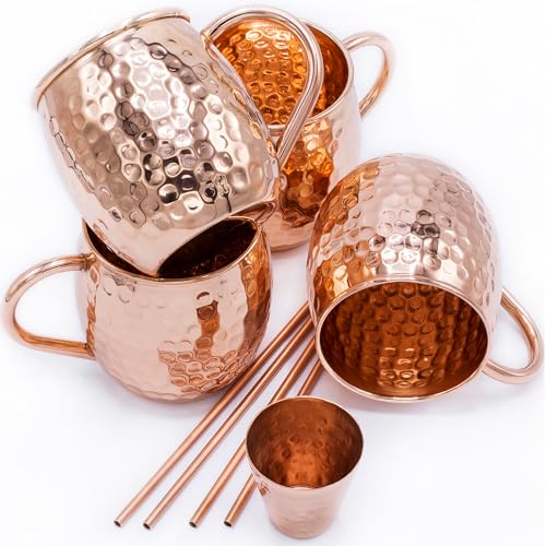 Gadgy Moscow Mule Becher Set - Cocktailbecher Set 4 Kupferbecher, 4 Strohhalme, 1 Barmaß - Kupferbecher reines Kupfer - Kupferbecher Moscow Mule handgemacht - Kupfer Becher Party Geschenk Gadgy Moscow Mule Becher Set - Cocktailbecher Set 4 Kupferbecher, 4 Strohhalme, 1 Barmaß - Kupferbecher reines Kupfer - Kupferbecher Moscow Mule handgemacht - Kupfer Becher Party Geschenk von Gadgy