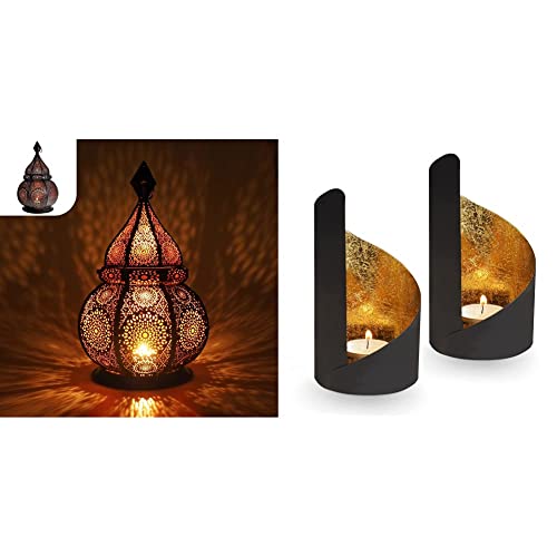 Gadgy Orientalische Lampe Metall & Teelichthalter Deko Gold - Set Mit 2 Stück Teelichthalter Gold - Aesthetic Room Decor - Deko Schwarz Gold Wohnzimmer Modern - Dekoration Schwarz Gold - Durch Gadgy von Gadgy