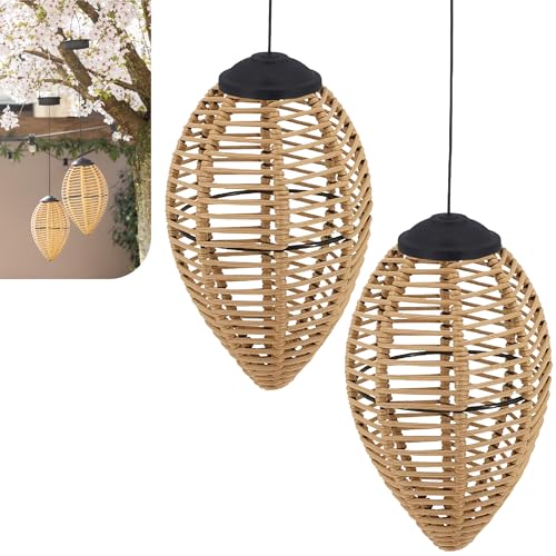 Gadgy Rattan Solarleuchten für Außen – 2er Set LED Hängelaternen aus Rattan – Dekorative Gartenbeleuchtung für Terrasse & Balkon – Wetterfeste Solar Außenleuchten für den Garten von Gadgy