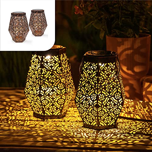 Gadgy Orientalische Laterne Hexagon - Solarlampen für außen Garten 2er Set - Wasserdichte Solar Leuchten Garten draußen - Gartenleuchten solar für draußen Kupfer Metall von Gadgy