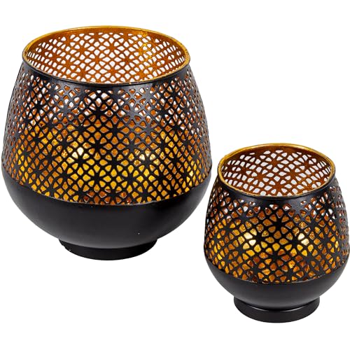 Gadgy Teelichthalter Schwarz Gold - Windlicht Esstisch Deko 2er Set - Teelichthalter Metall mit Ornamenten - Windlicht Metall Deko schwarz - Tischdeko Windlicht schwarz - 10 x 9 cm & 16 x 15 cm Gadgy Teelichthalter Schwarz Gold - Windlicht Esstisch Deko 2er Set - Teelichthalter Metall mit Ornamenten - Windlicht Metall Deko schwarz - Tischdeko Windlicht schwarz - 10 x 9 cm & 16 x 15 cm von Gadgy