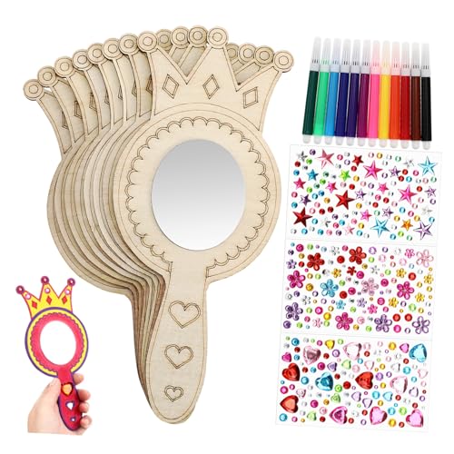 Gadpiparty Teiliges DIY Holzspiegel Bastelset für Kronenform Unvollendete Handspiegel aus Gelbholz mit Wasserfarbenstiften und Glitzerstein Aufklebern Origineller Spiegel für Mädchen von Gadpiparty