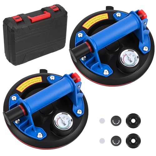 Gaethra 2er-Set 8" Saugheber mit Manometer, Glassauger Tragkraft Max. 200KG, Vakuum Fliesenheber mit Tragbarer Werkzeugkasten, für Glas, Fliesen, Marmor, Blau von Gaethra