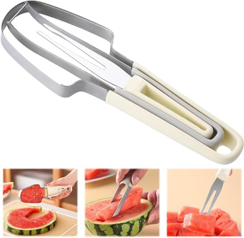 3-in-1 Obstschneider aus Edelstahl, 2024 Neu Wassermelonengabel-Schneidewerkzeug, Wassermelonen Schneider, Melonenschneider Edelstahl, Sommer Wassermelonen-Fruchtschneidegabel (Beige) von Gahwa