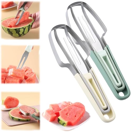 3 in 1 Wassermelonenschneider, 2025 New Edelstahl Wassermelonen Eis am Stielschneider, Wassermelonen Gabelschneider, Melonenschneider, Wassermelonenmesser, Obstschneider (Green+Beige) von Gahwa