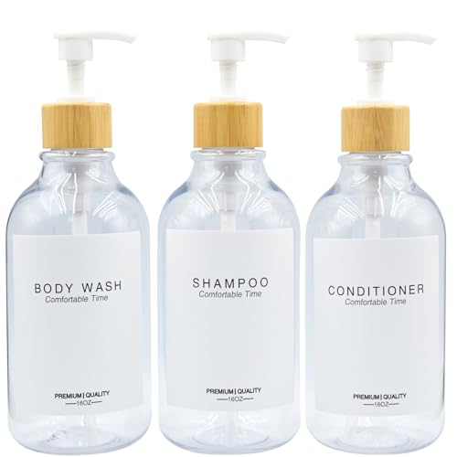 Shampoo und Conditioner Flaschen, Apothekerspender Bambuspumpe, Nachfüllbare Shampooflaschen für Shampoo Lotion Öl Duschseife Handseife und Spülseife, Kunststoff Klar Set (Klar) von Gails Willing