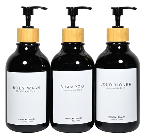 Shampoo und Conditioner Flaschen, Apothekerspender Bambuspumpe, Nachfüllbare Shampooflaschen für Shampoo Lotion Öl Duschseife Handseife und Spülseife, Kunststoff Schwarz Set (Schwarz) von Gails Willing