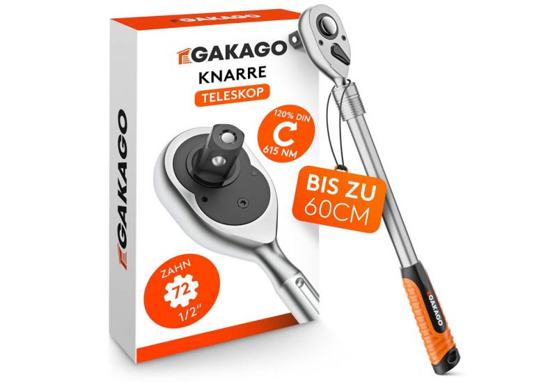 Gakago Ratsche Teleskop (1/2 Zoll bis zu 60cm, - Extra lange umschaltbare Knarre mit ergonomischen Griff), - Überlegende Kraft mit über 615 Nm und präzisen 72 Feinzahn Getriebe von Gakago