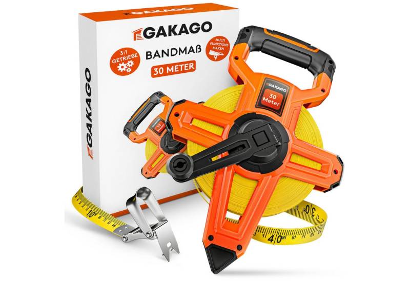 Gakago Rollbandmaß, 30m - 3-fach übersetztes Bandmaß mit ergonomischem Haltegriff von Gakago