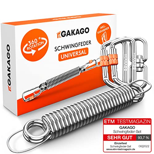 Gakago Schwingfeder für Hängesessel - Angenehmes Schwingen durch 360° Feder mit Drehwirbel - Extra sicheres Stahlfeder Set mit Sicherungsedelstahlseil und 2 Karabiner mit Schraubverschluss von Gakago