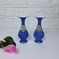 Minakari Kleine Kupfer Vase 2Er Set, Dekoration Vase, Blaue Blumenvase, Handgemachte Bunte Büro Dekor von GalaksiHandicrafts