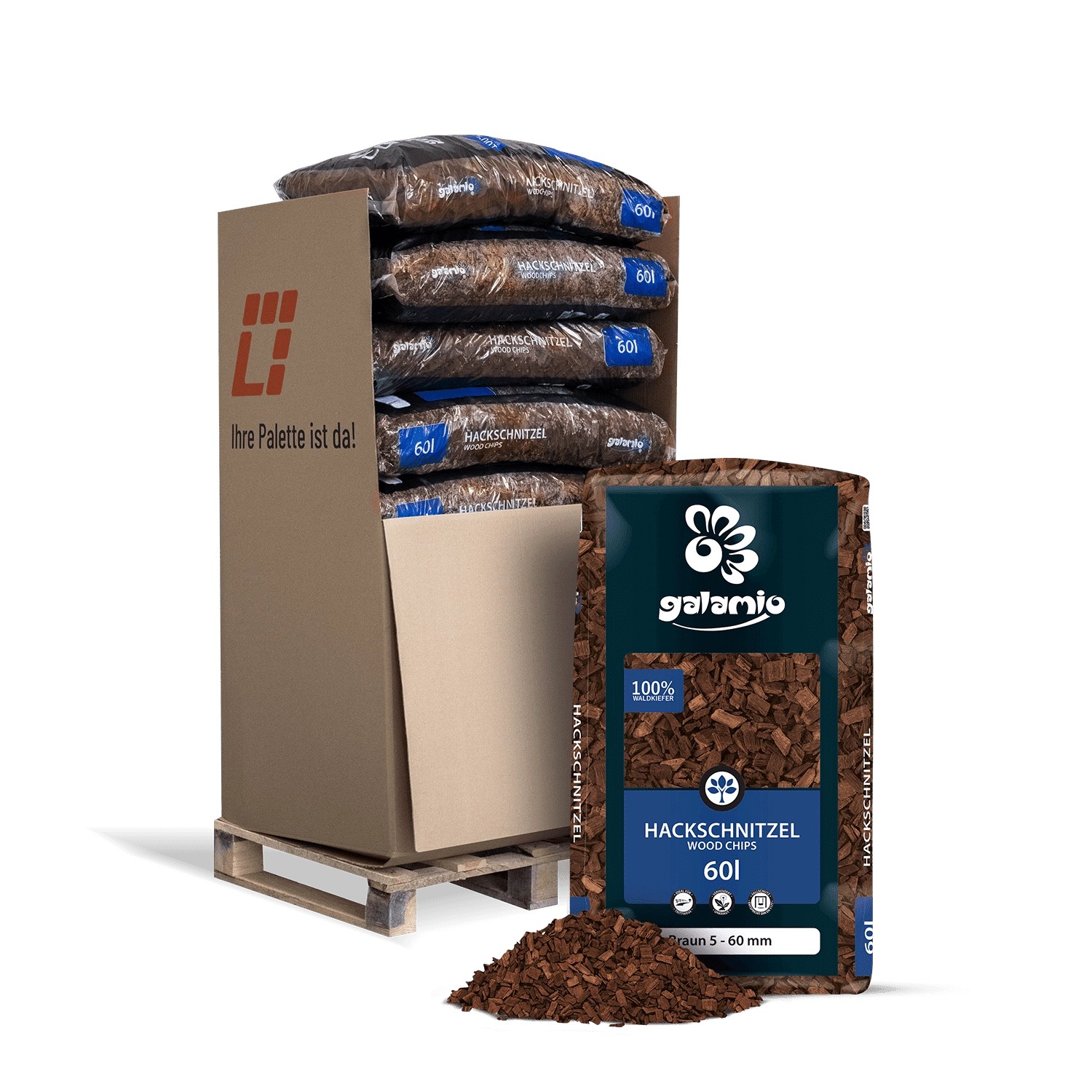 Galamio Holzhackschnitzel Braun 60l x 13 Sack 780l 1/3 Palette Galamio Holzhackschnitzel Braun 60l x 13 Sack 780l 1/3 Palette von Galamio