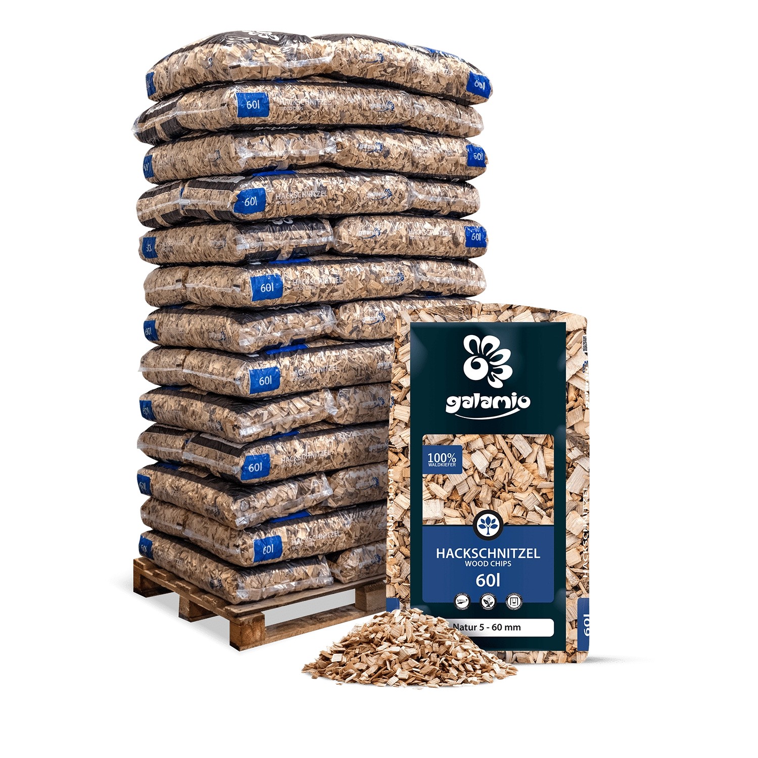 Galamio Holzhackschnitzel Natur 60l x 39 Sack 2340l Palette Galamio Holzhackschnitzel Natur 60l x 39 Sack 2340l Palette von Galamio