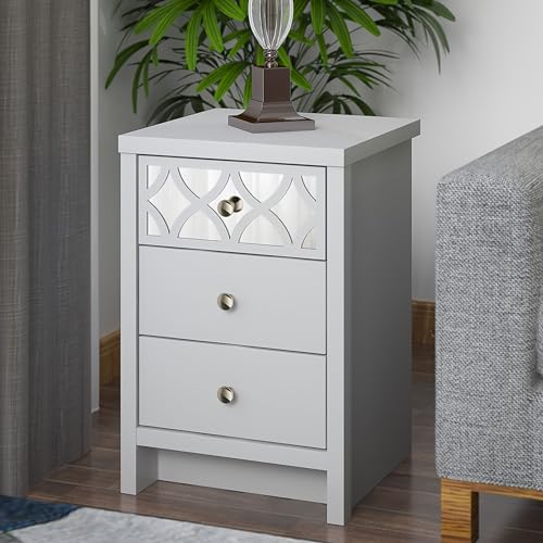Galano Ilse Nachttisch mit Schublade - Moderner Nachtschrank mit Verspiegelten – Platzsparend Beistelltisch - Organizer Konsole - 39.8T x 39.5B x 59.0Hcm - Weiß von Galano