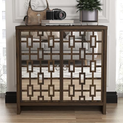 Galano Newark Sideboard mit 2 Türen, modernes Design mit Acrylspiegel & Stauraum, Schrank für Wohnzimmer, Küche & Flur, Royal Walnuss von Galano