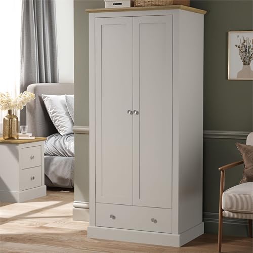 Galano Surrey Kleiderschrank mit 2 Türen und 1 Schublade – Minimalistisches Schlafzimmermöbel mit Kleiderstange und Schublade – Kompakter Kleiderschrank – Grau/Eiche von Galano