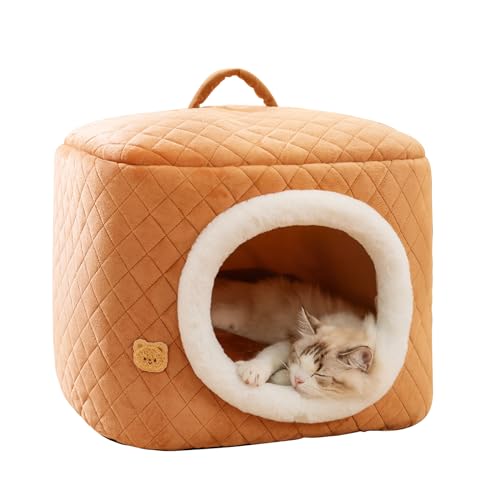 Galatée Katzenhaus, 2-in-1 Warmes Katzenhöhlenbett, Katzenzelt Mit Abnehmbarem Waschbarem Kissen, Gemütliches, Süßes Würfelkatzenbett, Weiches Und Warmes Hundebett, Katzenschlafsofa(L, Braun) von Galatée