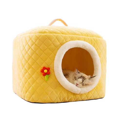 Galatée Katzenhaus, 2-in-1 Warmes Katzenhöhlenbett, Katzenzelt Mit Abnehmbarem Waschbarem Kissen, Gemütliches, Süßes Würfelkatzenbett, Weiches Und Warmes Hundebett, Katzenschlafsofa(M, Gelb) von Galatée