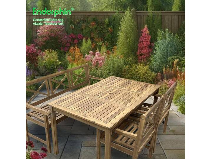 Endorphin, Gartenlounge, Garten Sitzgarnitur aus Akazienholz massiv im Teakholz-Look 4tlg. (Tisch, Bank, 2 Stühle) von Galaxus
