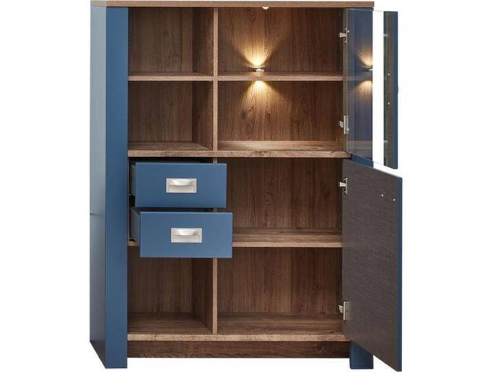Innostyle, Vitrine + Buffetschrank, Dijon Vitrine Holzwerkstoff Parisian Blue/Haveleiche Cognac mit LED-Beleuchtung von Galaxus