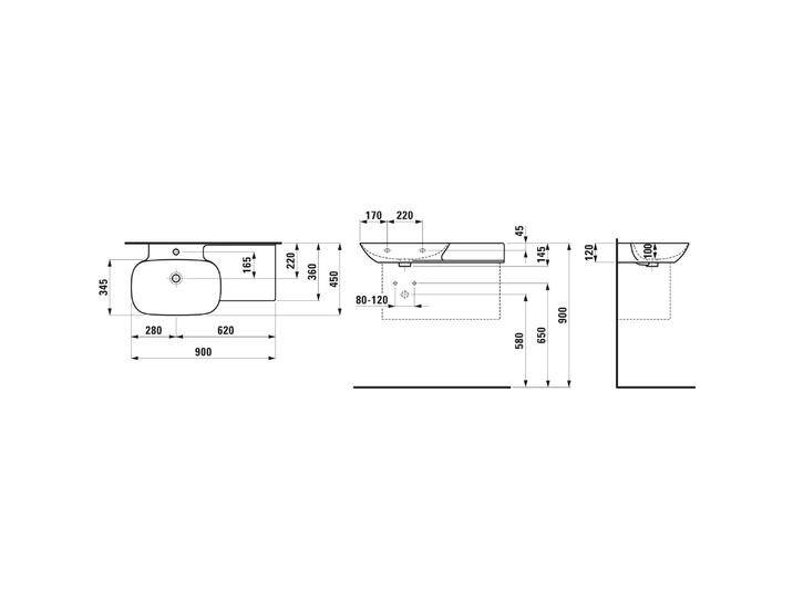 Laufen, Waschbecken, INO Waschtisch, ohne Hahnloch, mit Überlauf, Keramikablage rechts, 900x450mm, H813302 (450 mm, 900 mm) von Galaxus