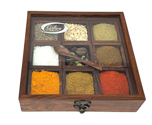 Galaxy Indiacraft Mehrzweck-Gewürzbox aus Holz für Masala Dabba Gewürzdosen Cum Küche & Trockenobst Box mit gratis Holzlöffel (9 Fächer) von Galaxy Indiacraft