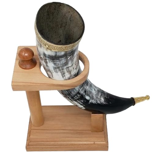 Galaxy Indiacraft Viking drinking mug, handmade, natural ox horn, mug for ale, beer, mead, wine, 30.5 cm, 100% leak-proof, with a beautiful wooden stand, set of 1 von Galaxy Indiacraft