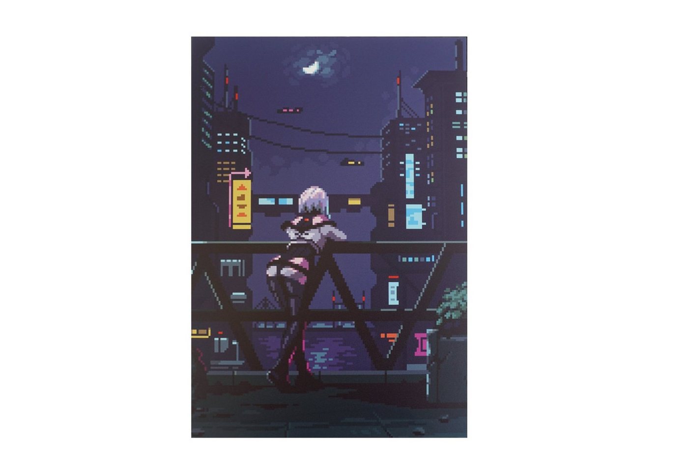 GalaxyCat Poster Hochwertiges Cyberpunk Wandbild mit Lucy, Pixel Art auf Hartschaumpla, Lucy Kushinada, Pixel Art Stil auf Hartschaumplatte,Night City bei Nacht von GalaxyCat