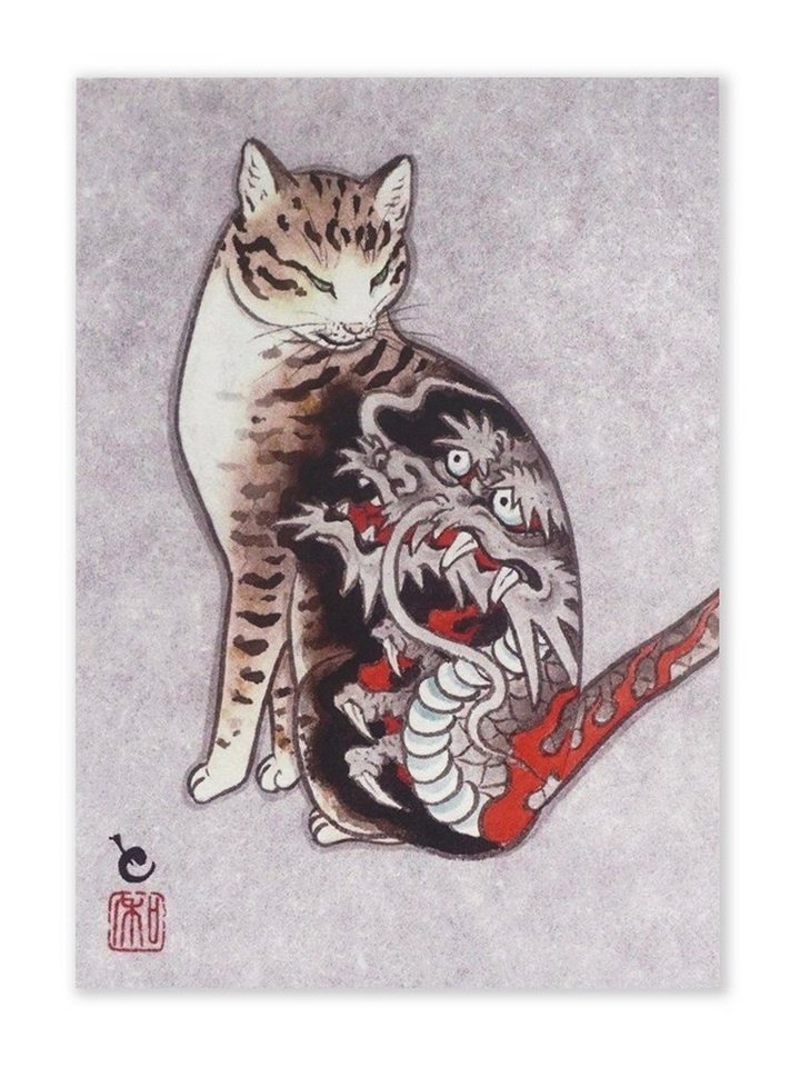 GalaxyCat Poster Japanisches Katzen Wandbild im Ukiyo e Stil, Katzen Wandbild auf, Katze mit Tatoo, Ukiyo-e Wandbild - Katze mit Tatoo von GalaxyCat