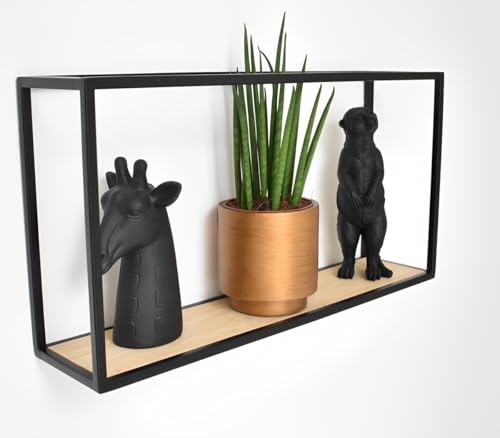 Galeara design Wandregal Metall Schwarz oder Weiß mit Bambusholz SOTO - Leicht zu Hängen,- Deko Wandregal Schwarz (Schwarz, 52cm x 27cm x 12cm (1 cm Dicker Stahl)) von Galeara design