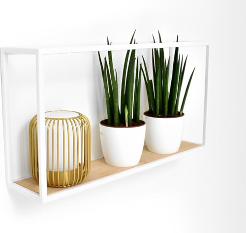 Galeara design Wandregal Metall Schwarz oder Weiß mit Bambusholz SOTO - Leicht zu Hängen,- Deko Wandregal Schwarz (Weiß, 52cm x 27cm x 12cm (1 cm Dicker Stahl)) von Galeara design